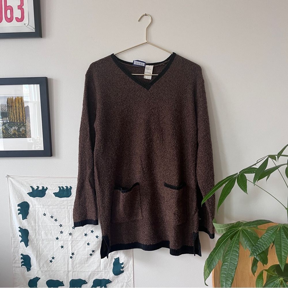Brown V-Neck Sweater with Black Trim